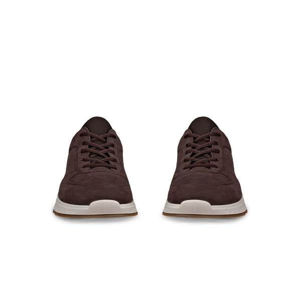 Ecco Exostride M Low GTX men's mocha leather waterproof lace-up trainers, sporty casual shoes with white and gum sole.