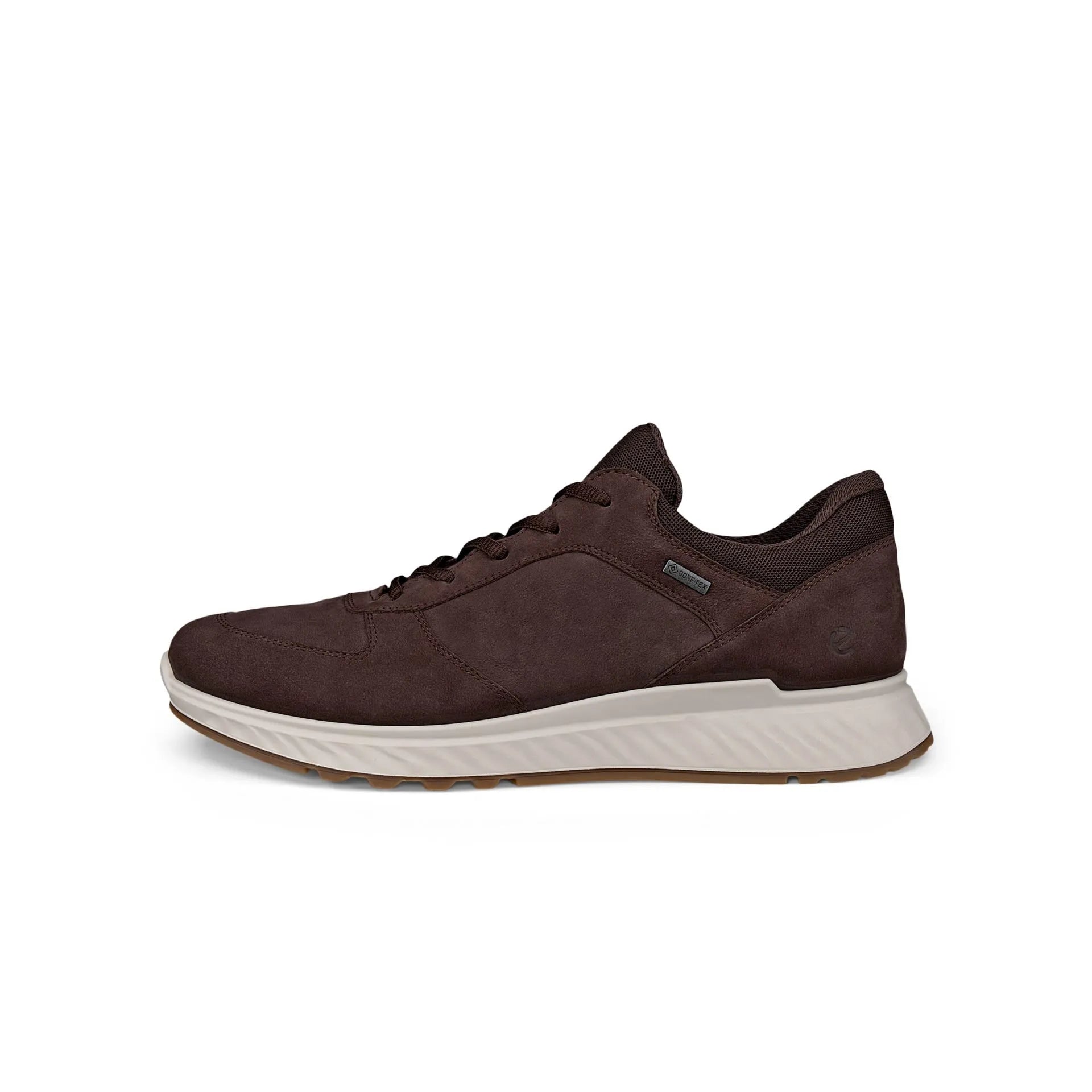 Men's Ecco Exostride M Low GTX Mocha leather waterproof lace-up trainers with cushioned white midsole and durable outsole.