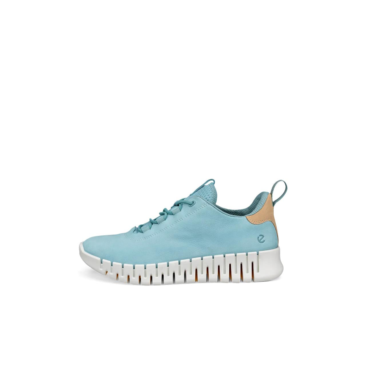 Ecco Gruuv ladies light blue nubuck elasticated trainers with chunky white sole and beige heel tab.