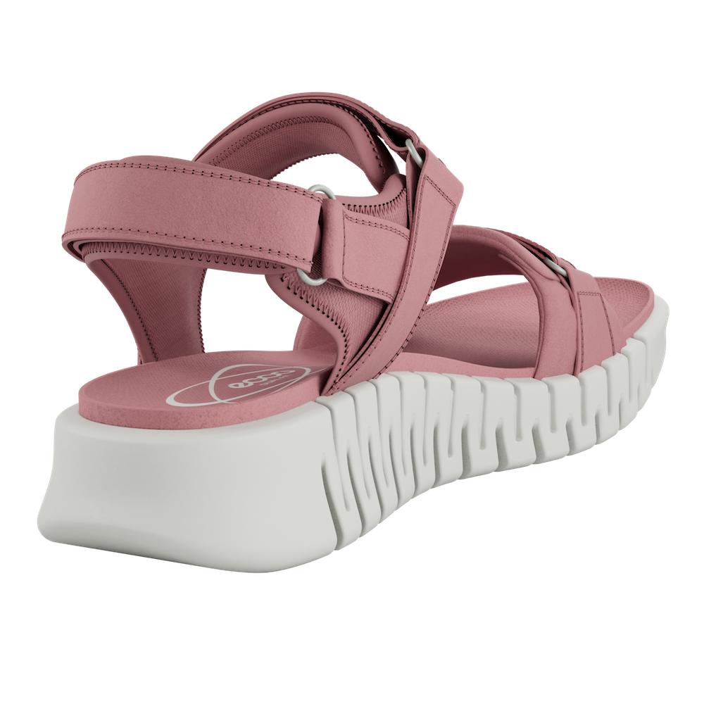 Ecco Gruuv Sol Ladies Rose Leather Touch Fastening Sandals with chunky white sole and adjustable straps.