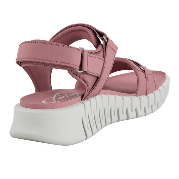 Ecco Gruuv Sol Ladies Rose Leather Touch Fastening Sandals with chunky white sole and adjustable straps.
