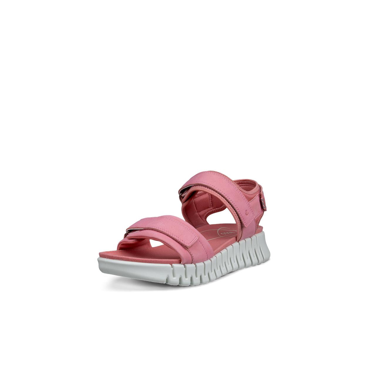 Ecco Gruuv Sol Ladies Rose Leather Touch Fastening Sandals with chunky white sole and adjustable straps.
