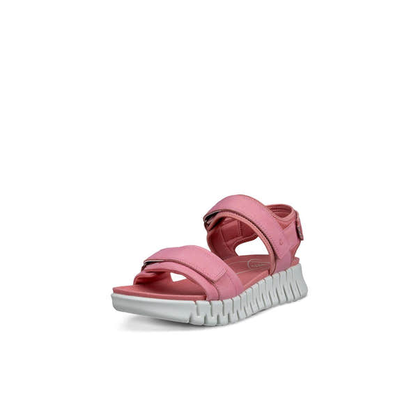 Ecco Gruuv Sol Ladies Rose Leather Touch Fastening Sandals with chunky white sole and adjustable straps.