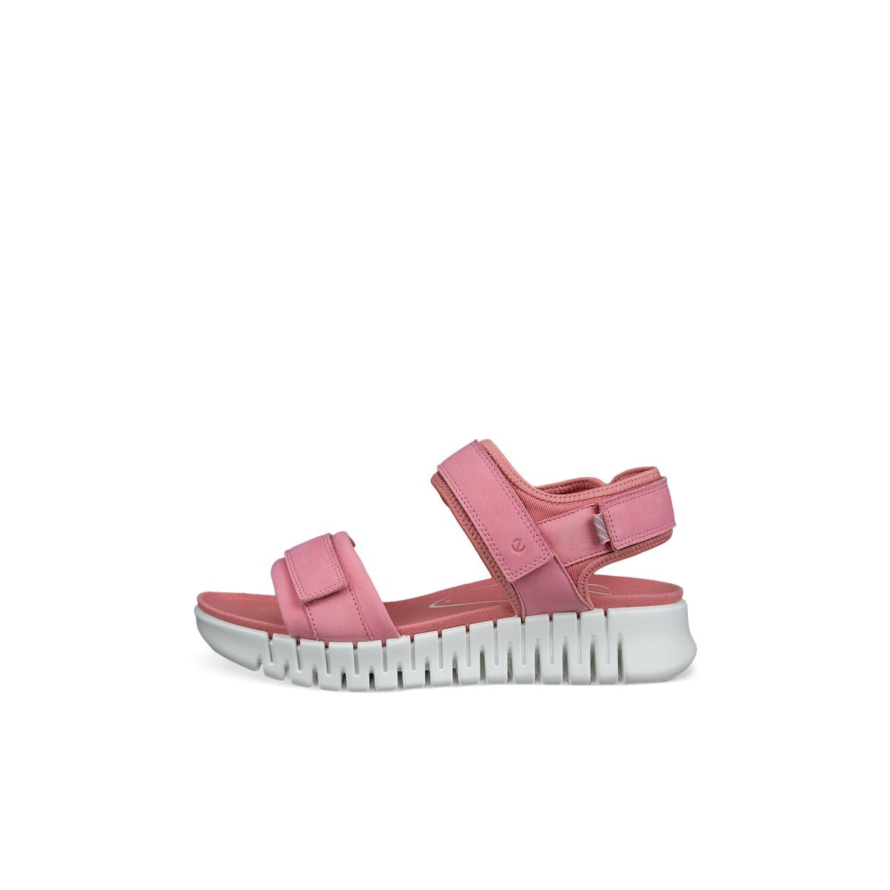 Ecco Gruuv Sol ladies pink leather touch-fastening sandals with white chunky sole and adjustable straps.