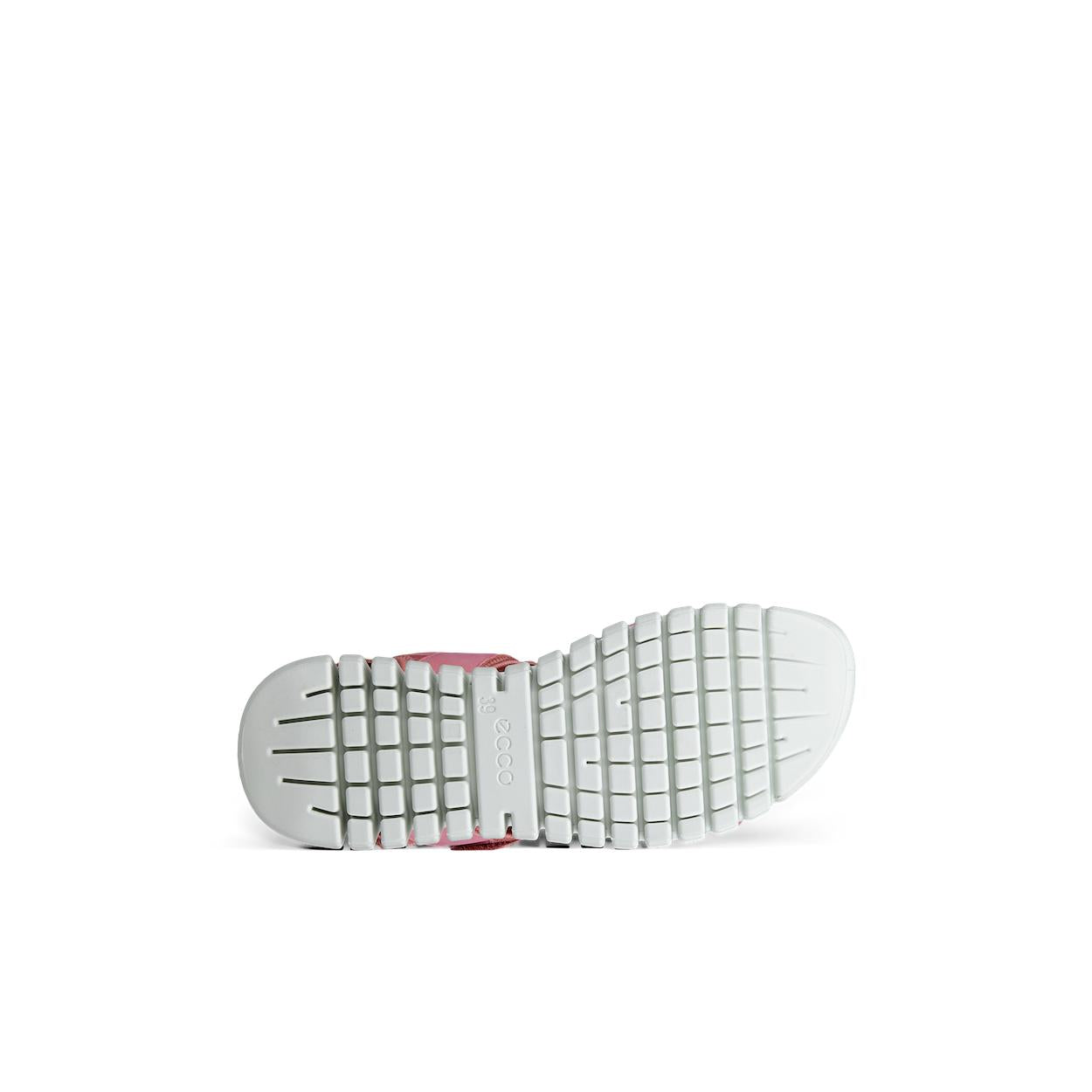 Ecco Gruuv Sol Ladies Rose Leather Touch Fastening Sandals with cushioned white sole and grid pattern outsole.