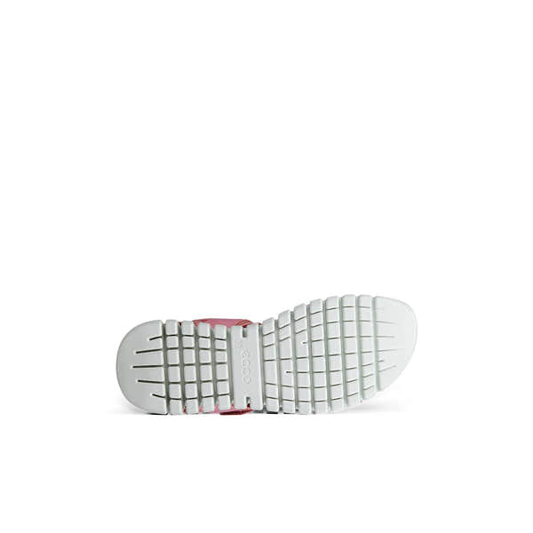 Ecco Gruuv Sol Ladies Rose Leather Touch Fastening Sandals with cushioned white sole and grid pattern outsole.