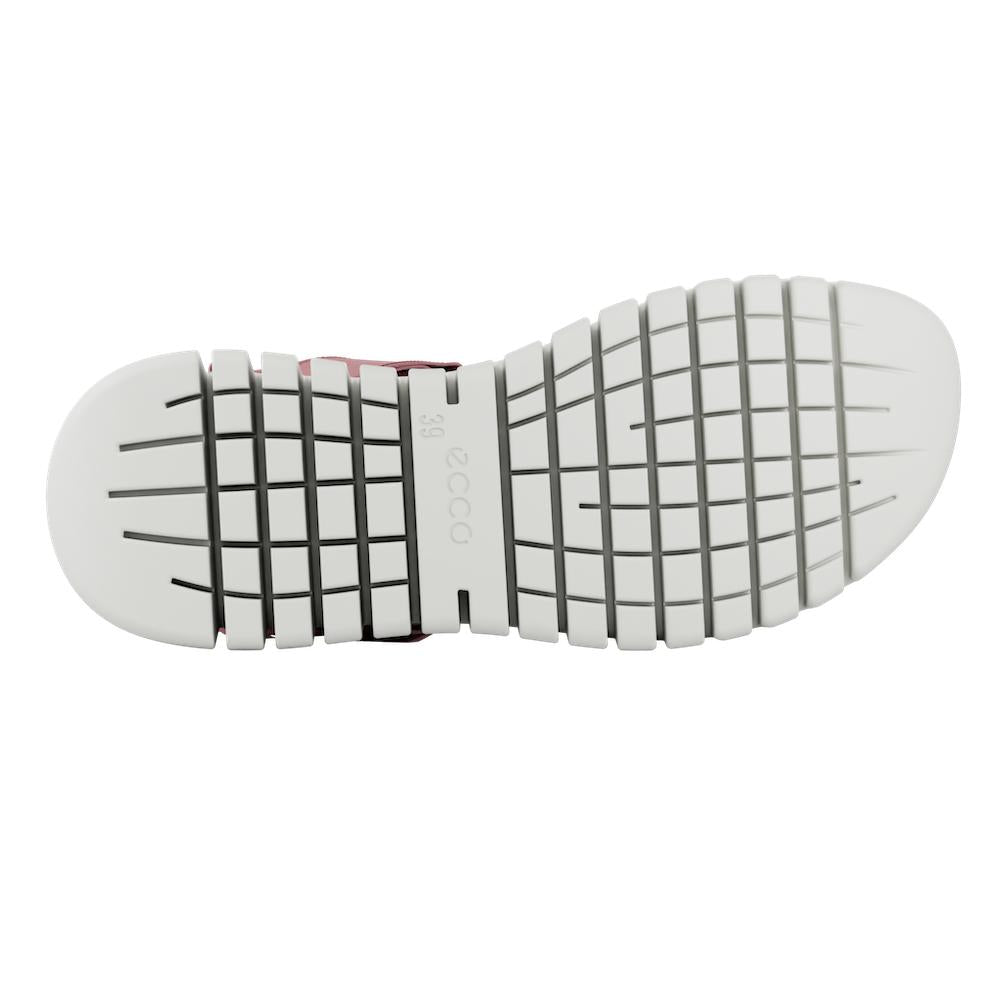 Ecco Gruuv Sol Ladies Rose Leather Touch Fastening Sandals with treaded white sole and adjustable strap.
