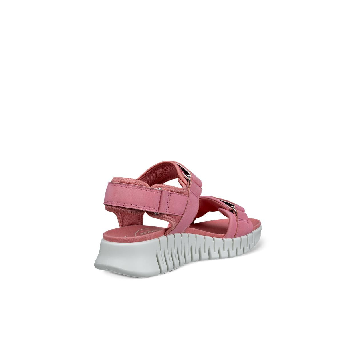 Ecco Gruuv Sol Ladies Pink Leather Touch Fastening Sandals with chunky white sole, adjustable straps, and cushioned insole.