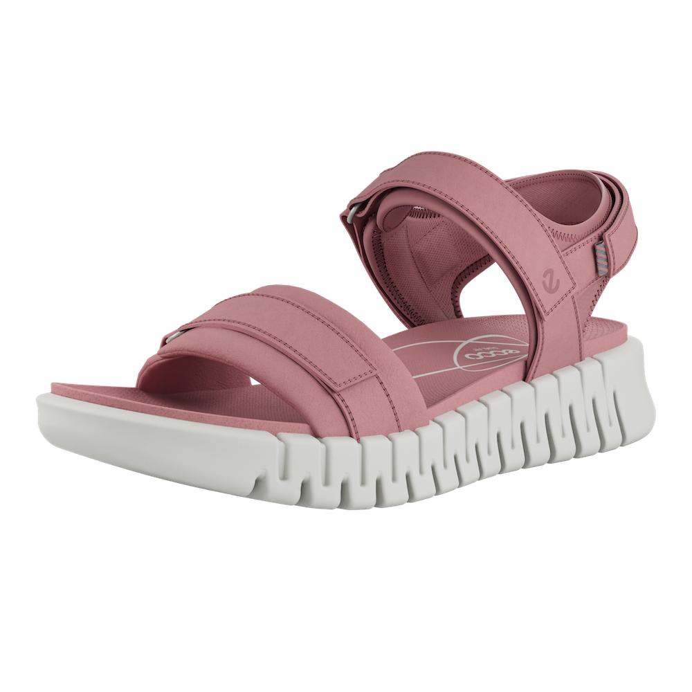 Ecco G€ruuv Sol Ladies Rose Leather Touch Fastening Sandals with chunky white sole and adjustable straps.