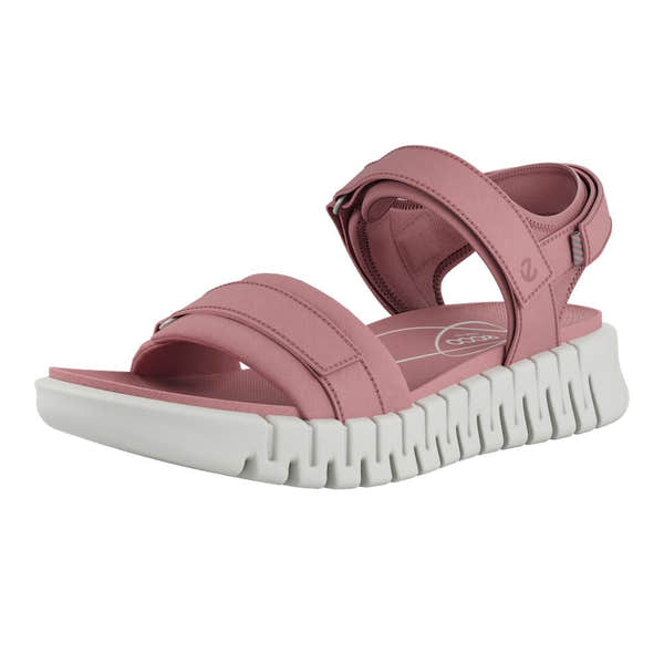 Ecco G€ruuv Sol Ladies Rose Leather Touch Fastening Sandals with chunky white sole and adjustable straps.