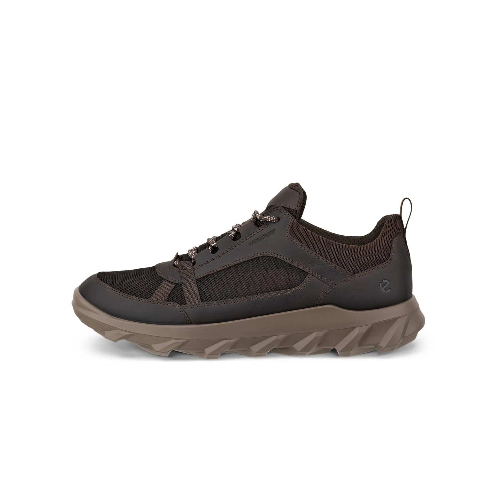 Ecco MX M Low WP men's waterproof lace-up trainers in coffee/mocha leather and textile with rugged outsole.