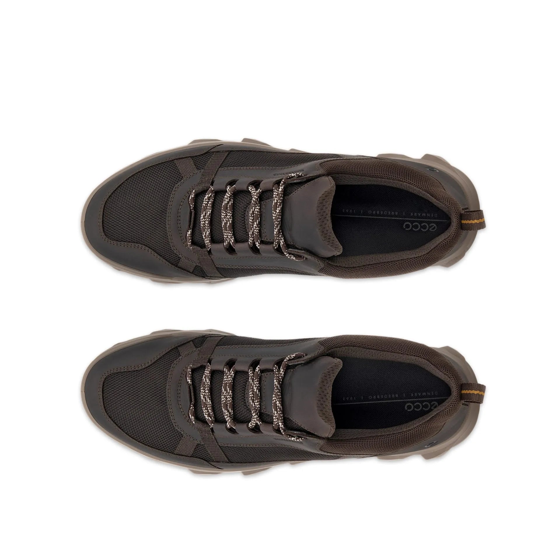 Ecco MX M Low WP men's waterproof lace-up trainers in coffee/mocha leather and textile, with black and white laces.