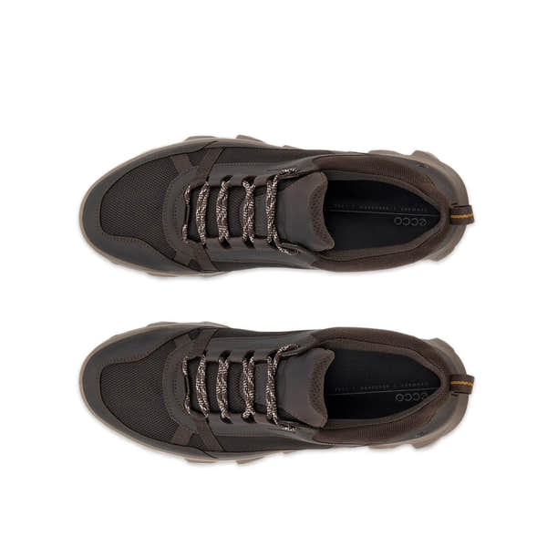 Ecco MX M Low WP men's waterproof lace-up trainers in coffee/mocha leather and textile, with black and white laces.