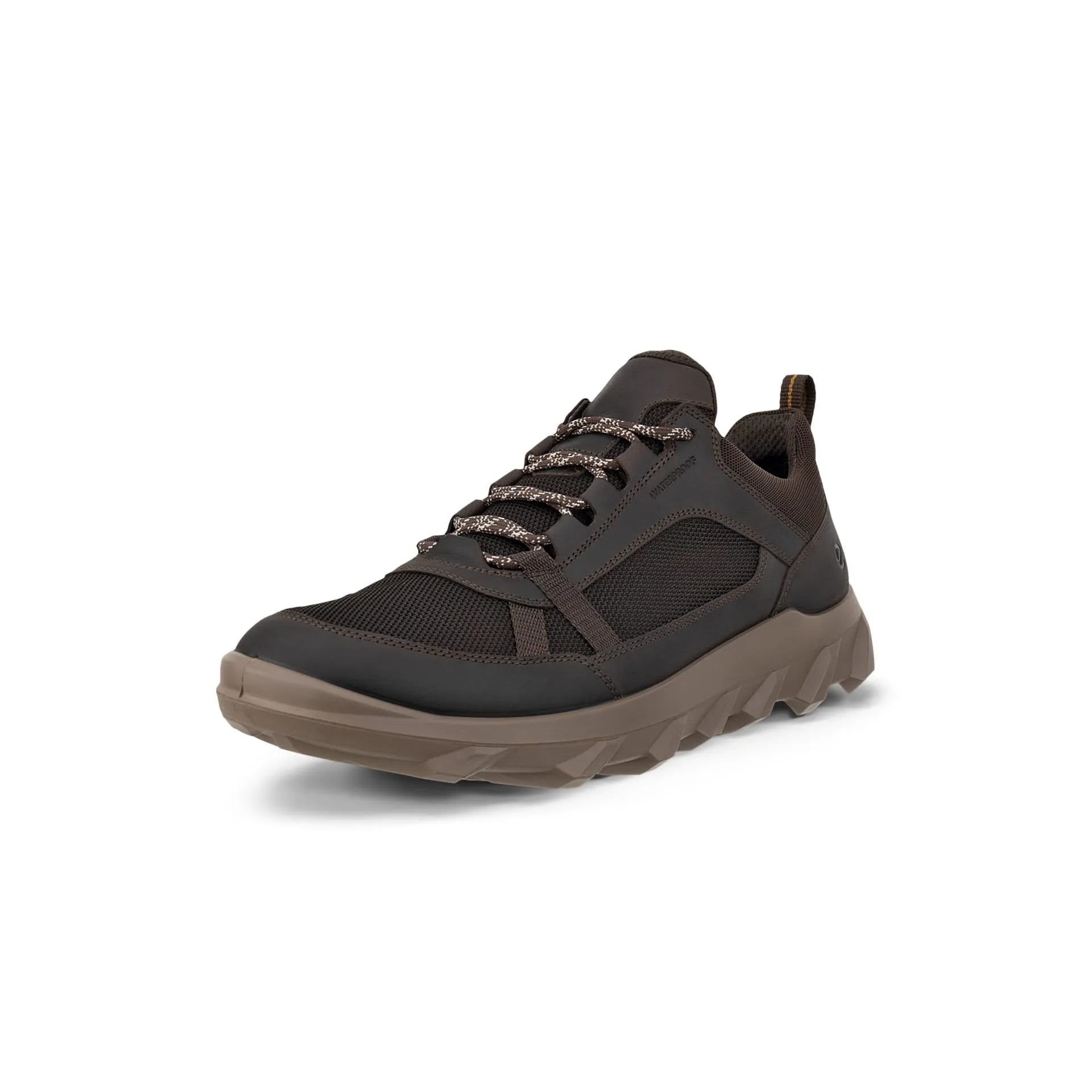 Ecco MX M Low WP men's waterproof lace-up trainers in coffee/mocha leather and textile with rugged rubber sole.