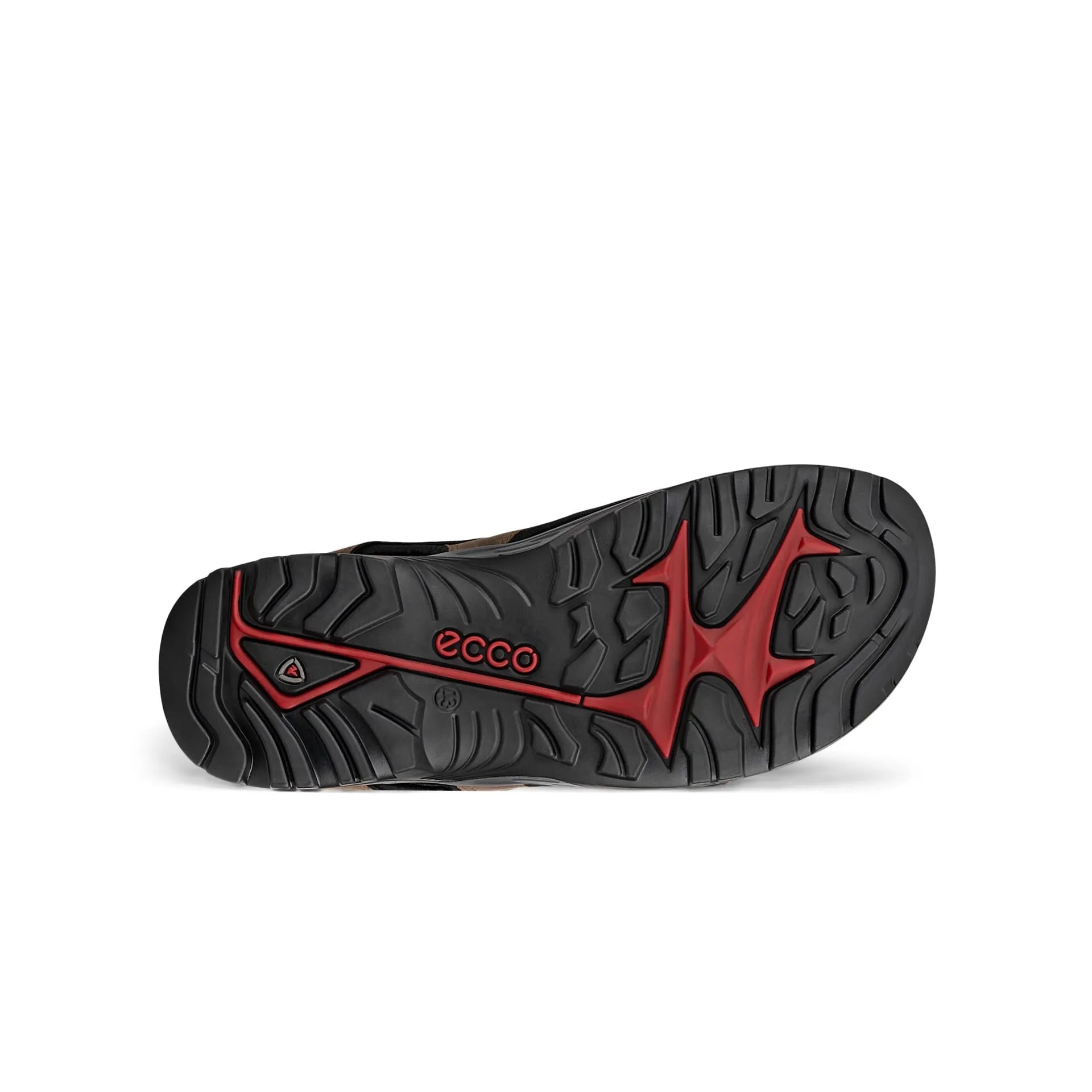 Ecco Offroad Andes II men's nubuck sandals with arch support, touch fastenings, nutmeg brown color, durable rubber sole, and red accents.
