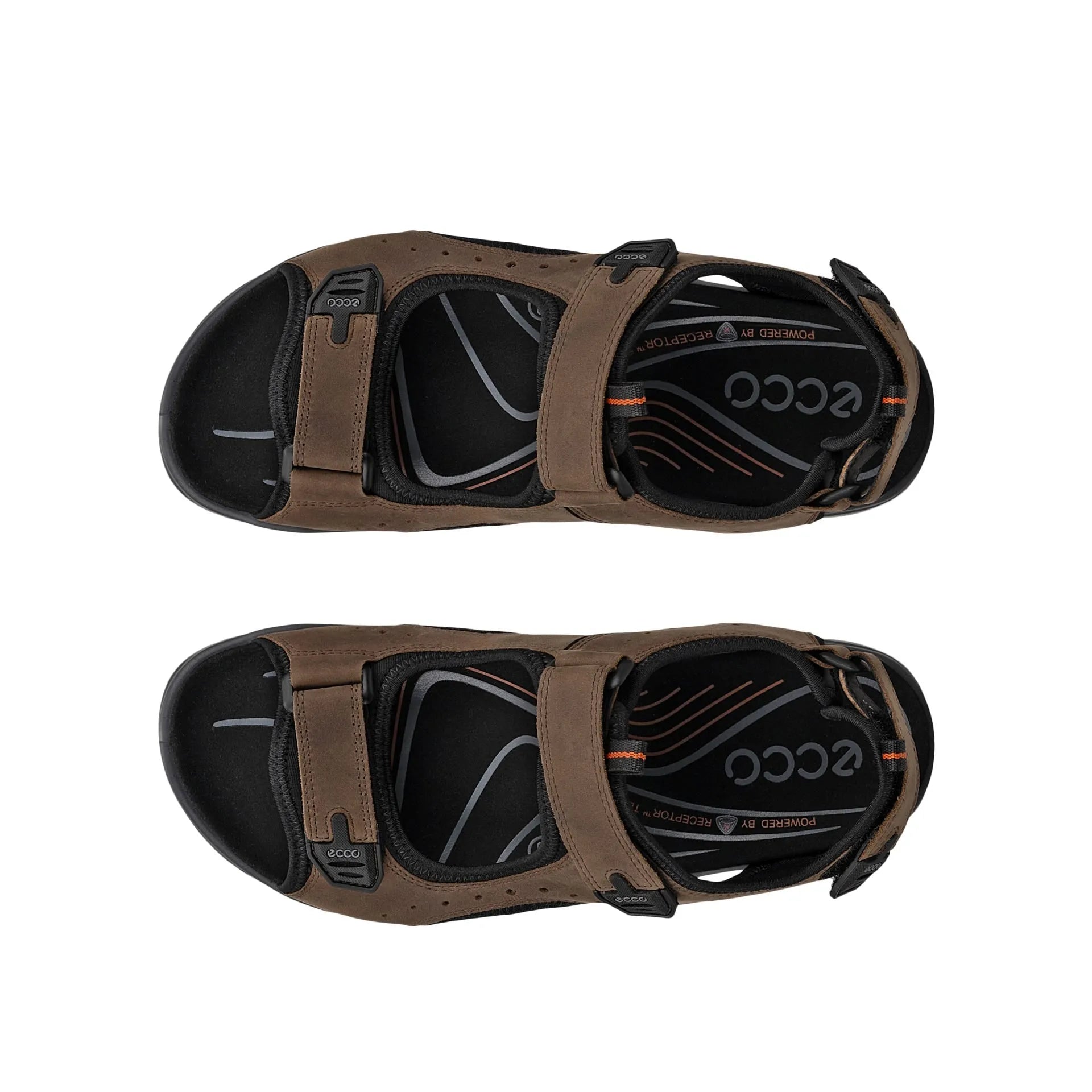 Ecco Men’s Nubuck Sandals with arch support, touch fastening, in nutmeg brown, lightweight and comfortable for outdoor wear.