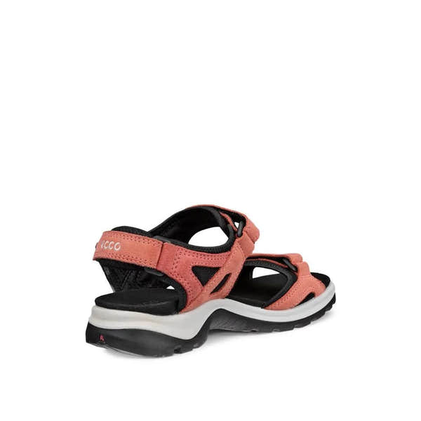 Ecco Ladies Orange Leather Touch Fastening Sandals with black and white sole, adjustable straps, and sporty design.