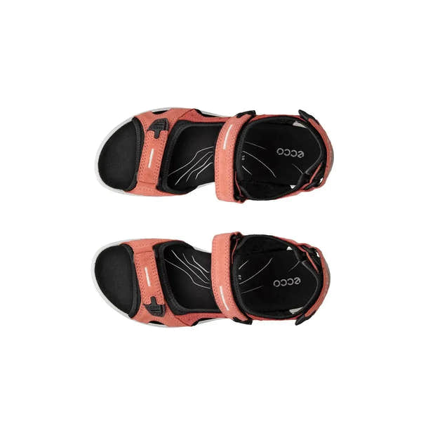 Ecco Ladies Orange Leather Touch Fastening Sandals, open-toe with adjustable straps, cushioned black insoles, and white sole.