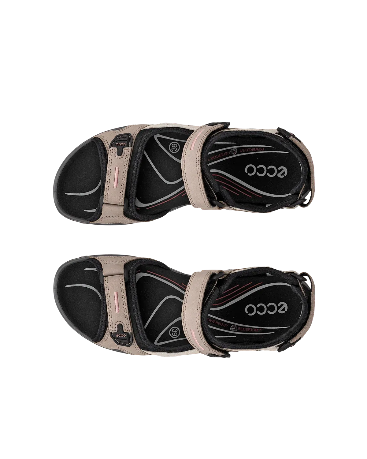 Ecco Offroad Yucatan Ladies Beige Nubuck Touch Fastening Sandals with black accents, cushioned insole, and adjustable straps.