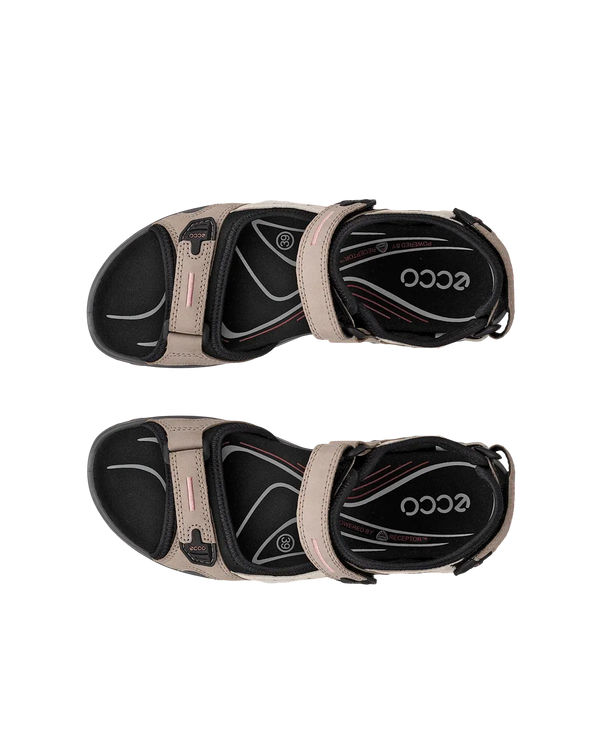 Ecco Offroad Yucatan Ladies Beige Nubuck Touch Fastening Sandals with black accents, cushioned insole, and adjustable straps.