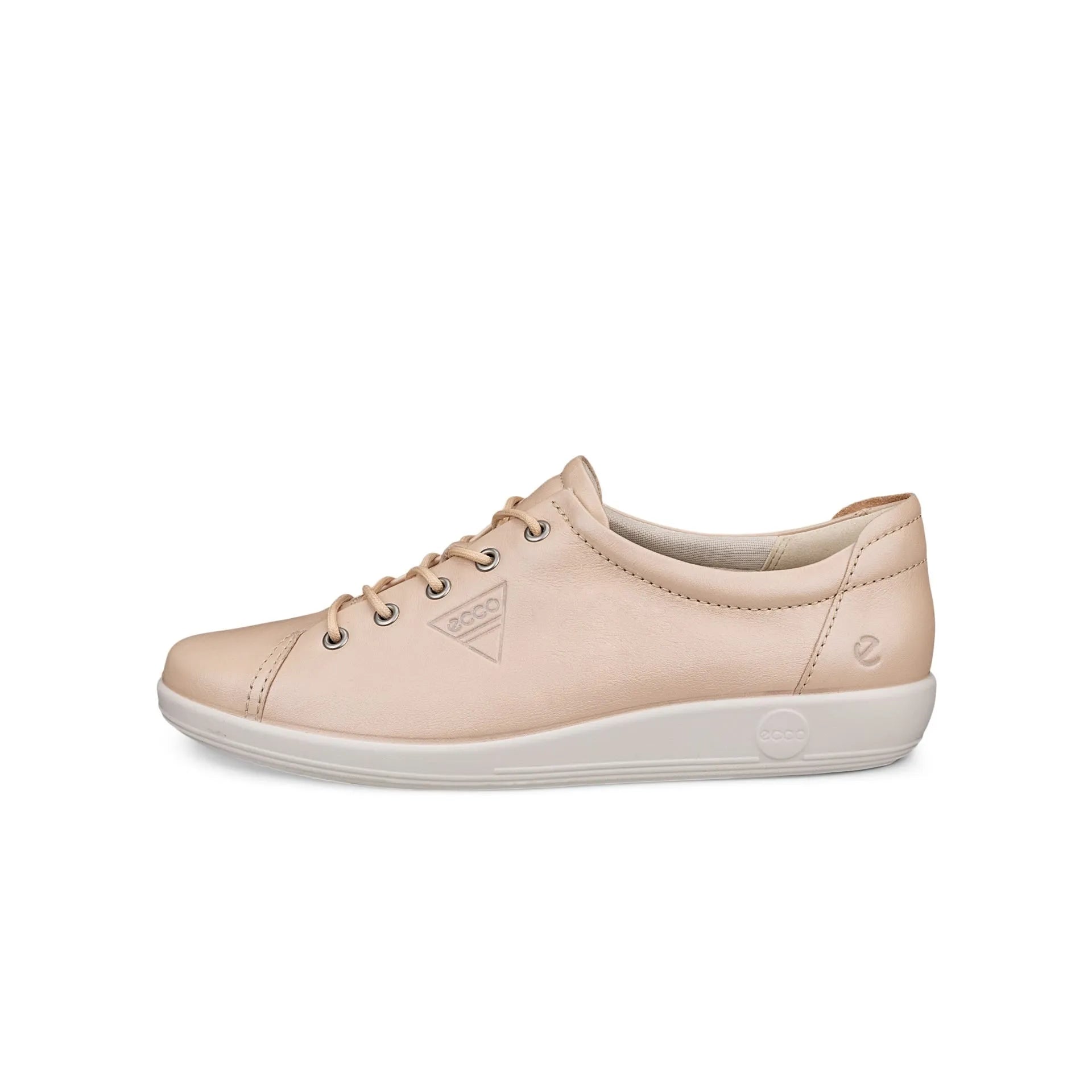 Ecco Soft 2.0 Ladies Leather Lace-Up Trainers in beige with white sole, comfortable nature leather upper, and stylish design.