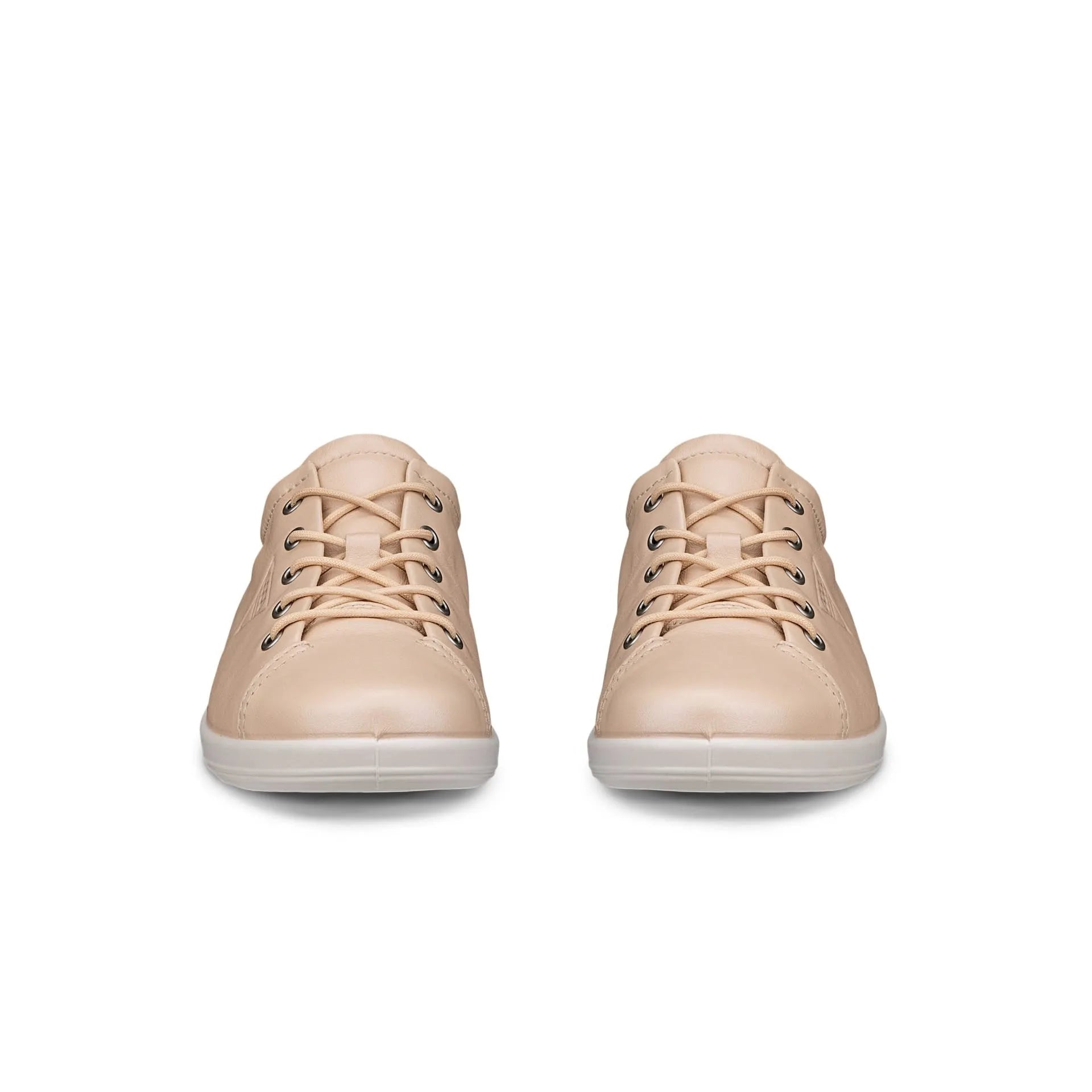 Ecco Soft 2.0 Ladies Leather Lace-Up Trainers in beige with white soles, stylish nature-inspired leather design, casual athletic footwear.