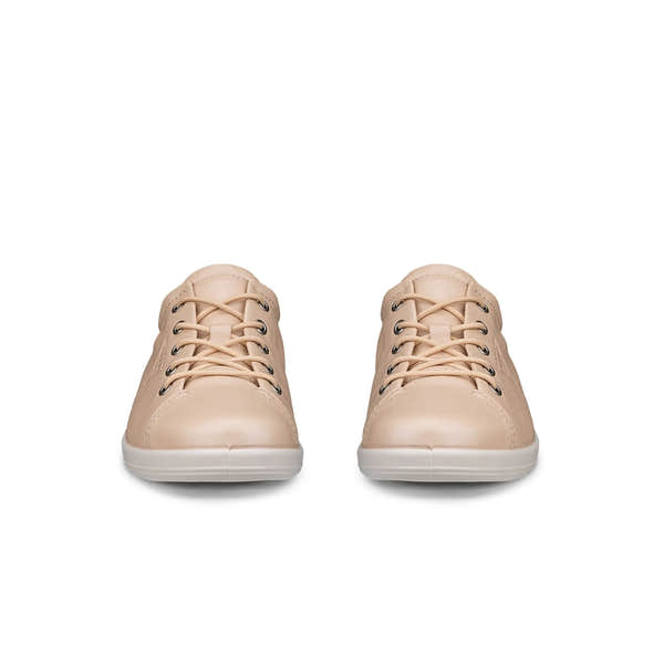 Ecco Soft 2.0 Ladies Leather Lace-Up Trainers in beige with white soles, stylish nature-inspired leather design, casual athletic footwear.