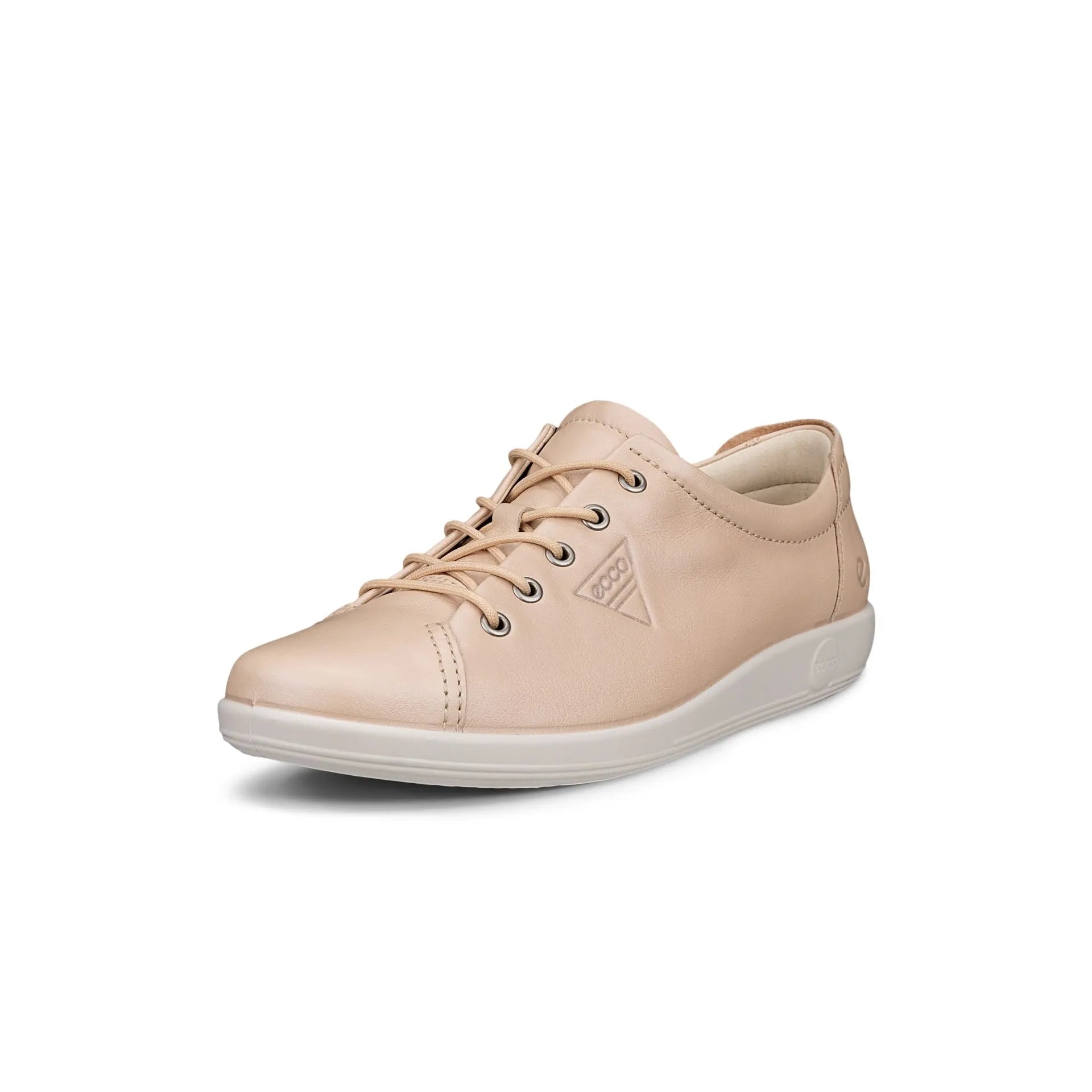 Ecco Soft 2.0 ladies leather lace-up trainers in beige with white sole, stylish and comfortable for casual wear.