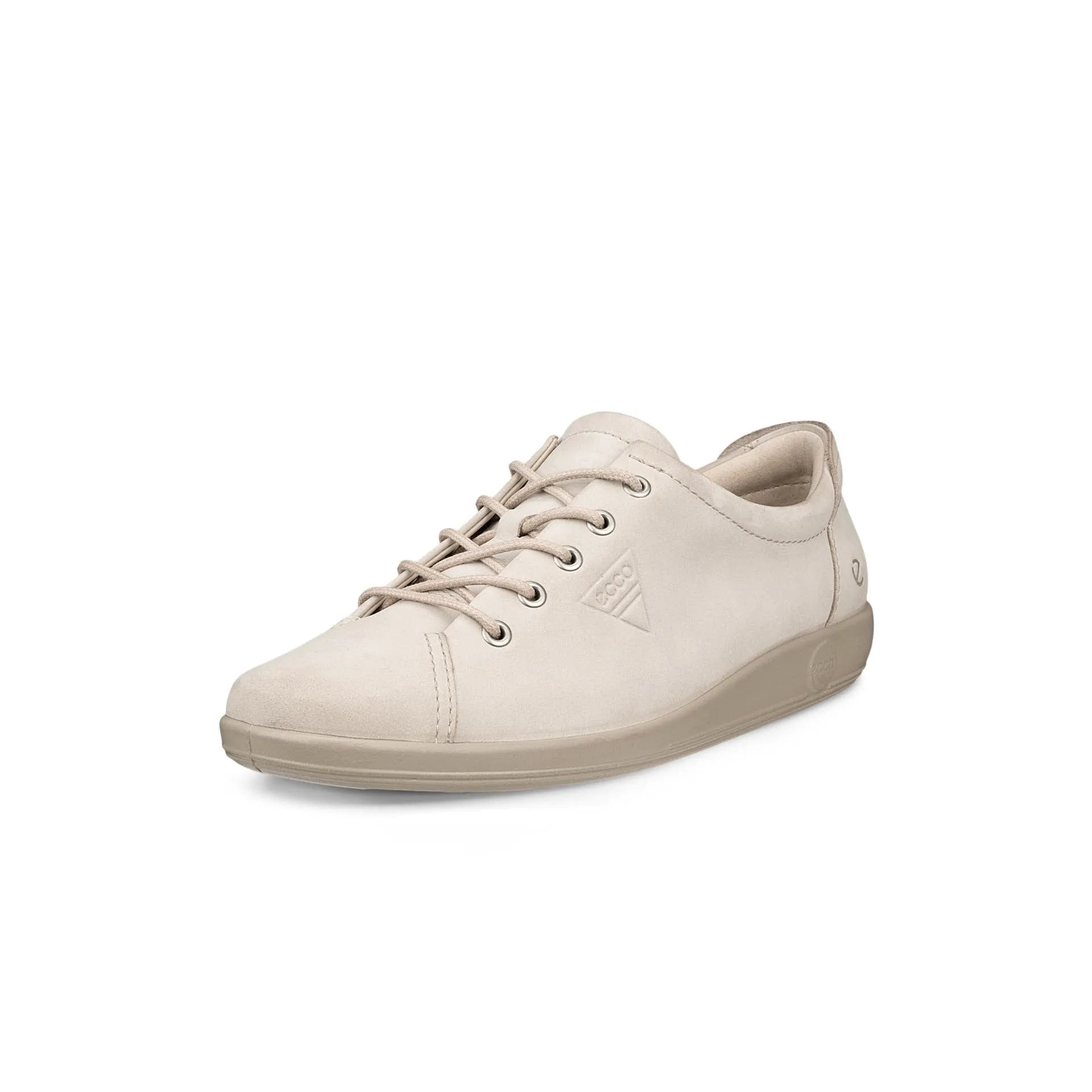 Ecco Soft 2.0 ladies pure cashmere leather lace-up trainers in beige with cushioned sole and minimalist design.