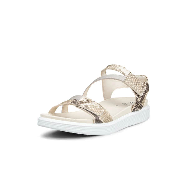 White sandal with snake print strap on a white background