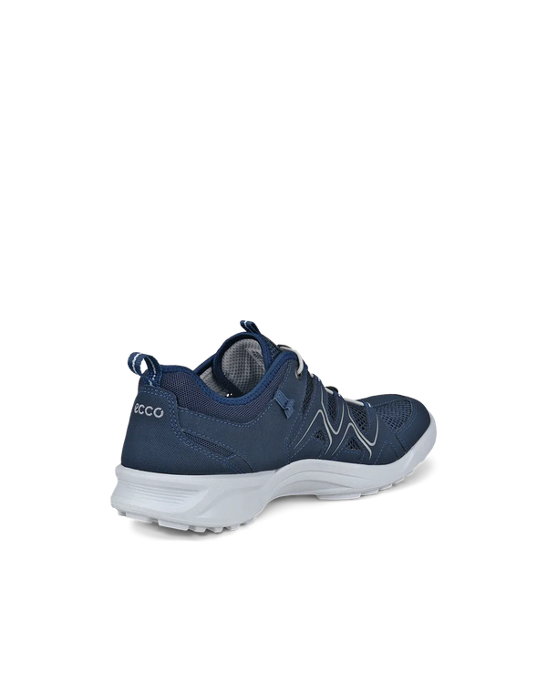 Ecco Terracruise Lt Low Vent men's marine shoes with elasticated design, navy blue upper, breathable mesh, and white sole for outdoor activities.