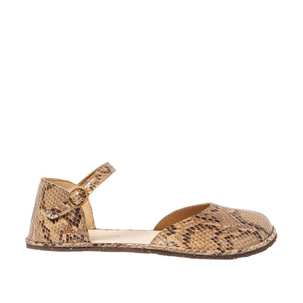 El Naturalista N5683 beige leather wide-span women's sandals with buckle detail and snakeskin pattern, stylish and comfortable.