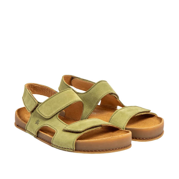 El Naturalista N6003 unisex wide leather slip-on sandals with adjustable straps, tan and olive green color, and cushioned footbed.