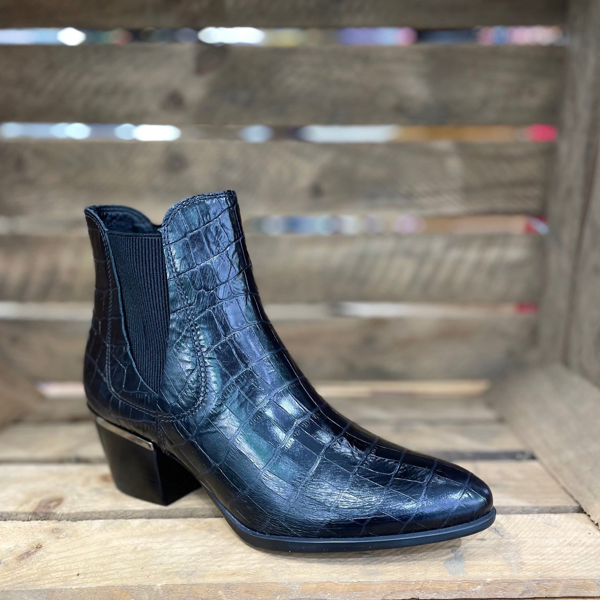 Elevate Your Sole 63500 Ladies Black Croc Leather Pull On Ankle Boots-elevate your sole