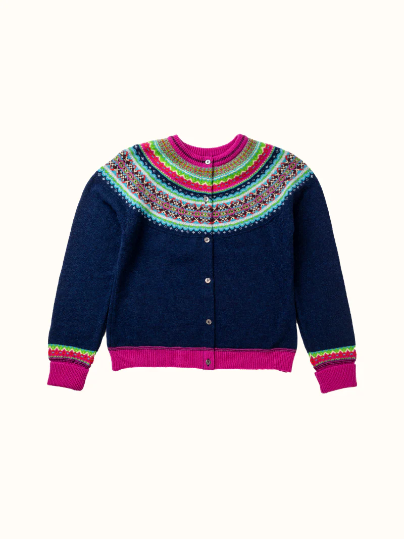 Eribe Alpine Short Cardigan Tango with colorful Fair Isle yoke, navy body, and pink accents, perfect for winter layering.
