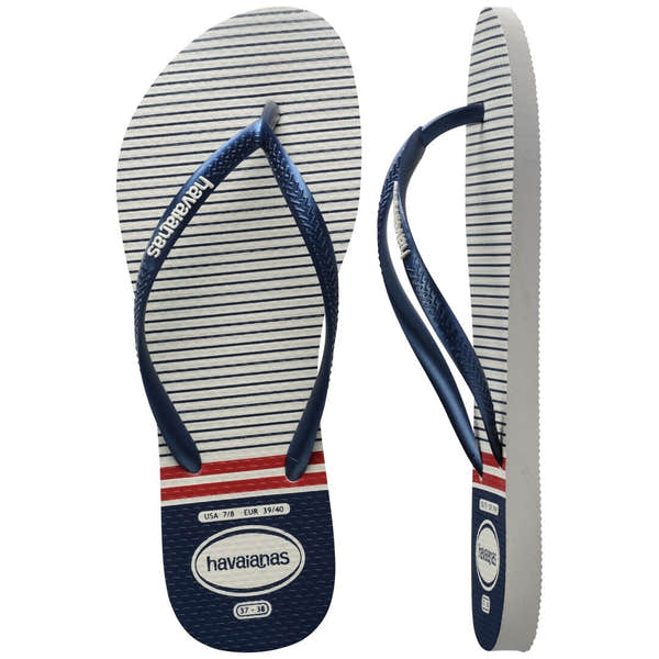 Havaianas Slim Nautical Ladies White/Brown/Red Toe Post Sandals