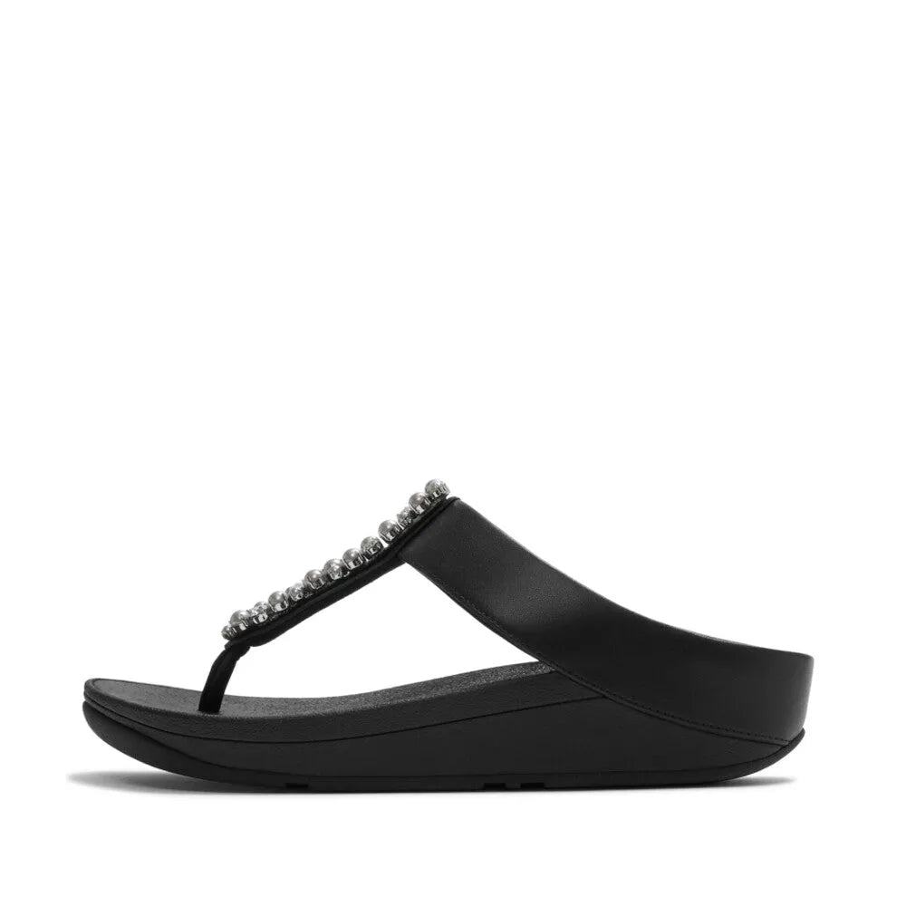 FitFlop A2N-001 Fino Pearls Women’s Black T-Bar Sandals with Pearl Embellishments and cushioned sole.