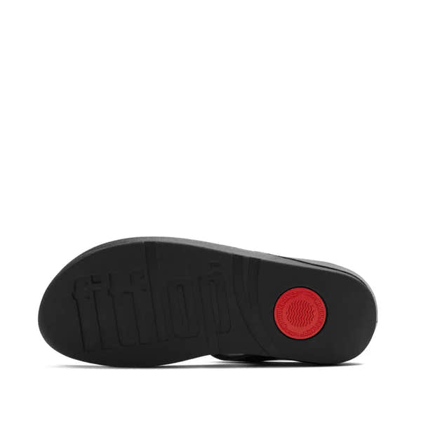 FitFlop A2N-001 Fino Pearls Black T-strap sandals with pearl accents, cushioned sole, and slip-on design for ladies.