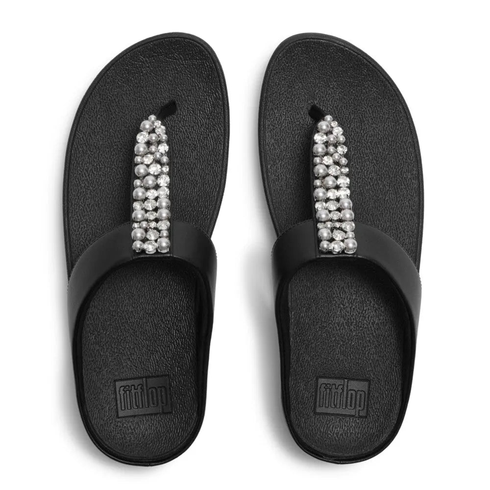 FitFlop A2N-001 Fino Pearls Ladies Black T-strap Sandals with pearl embellishments and textured footbed.