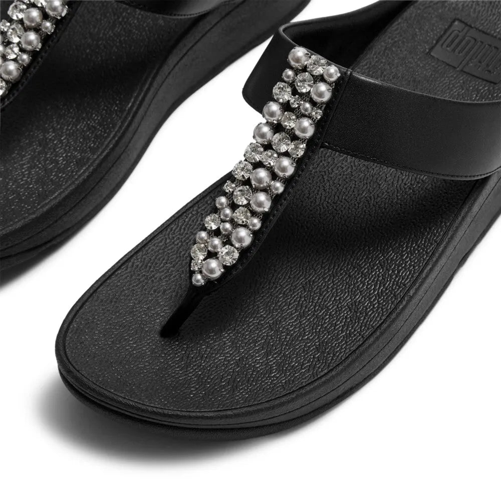 FitFlop A2N-001 Fino Pearls black T-strap sandals with decorative pearl and crystal embellishments.