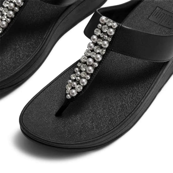 FitFlop A2N-001 Fino Pearls black T-strap sandals with decorative pearl and crystal embellishments.