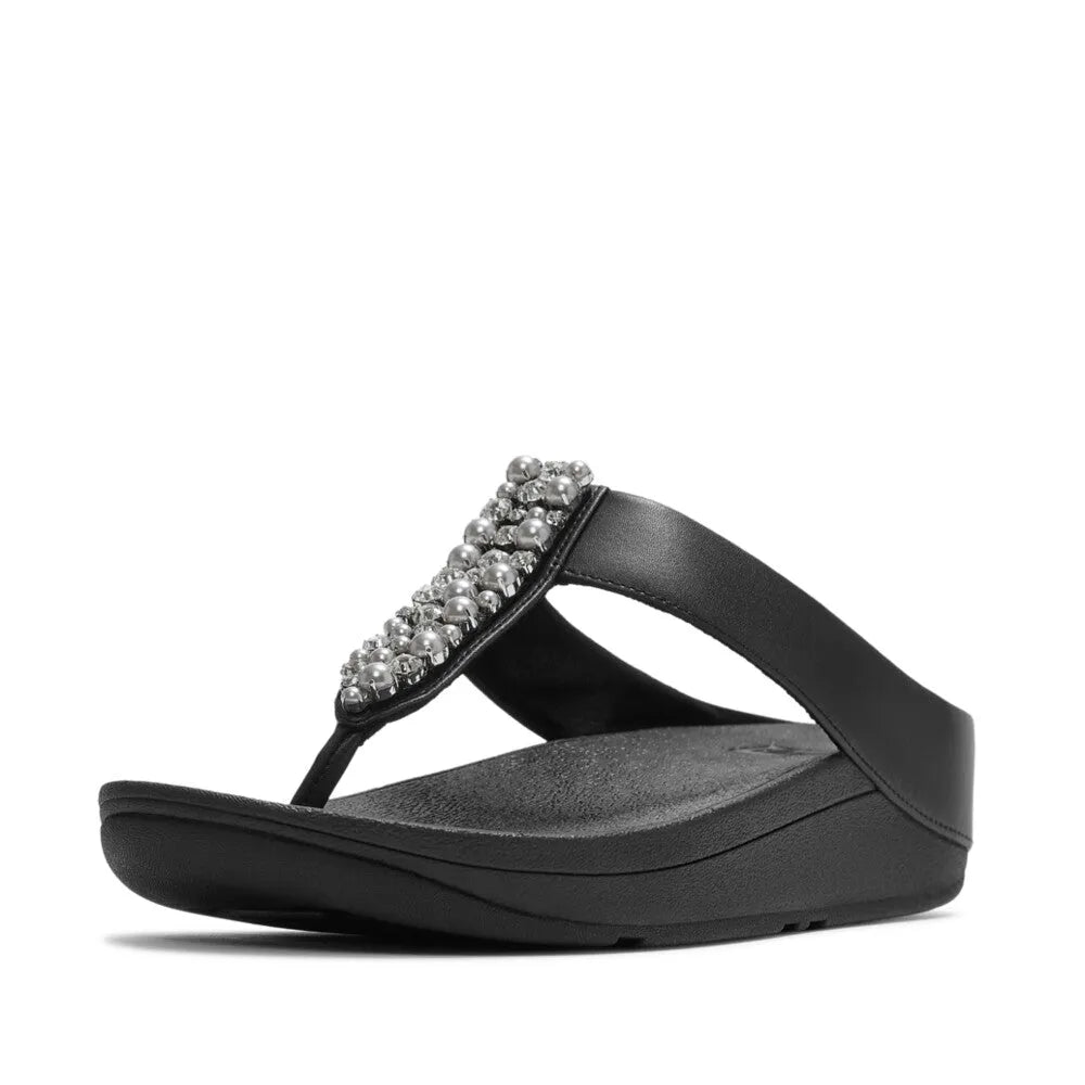 FitFlop A2N-001 Fino Pearls Womens Black T-Bar Sandals with pearl-embellished strap, cushioned sole, and comfortable footbed.