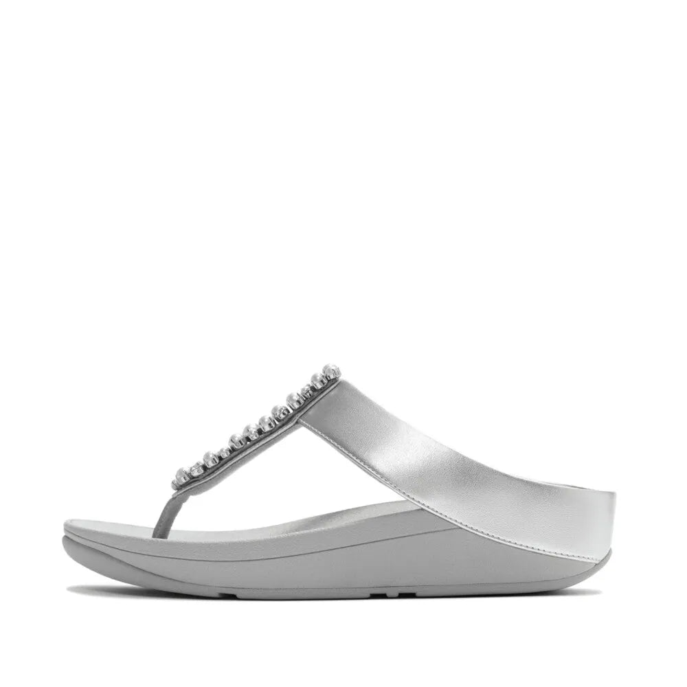 FitFlop A2N-011 Fino Pearls Silver T-bar Ladies Sandals with pearl embellishments, cushioned sole, and metallic silver finish.