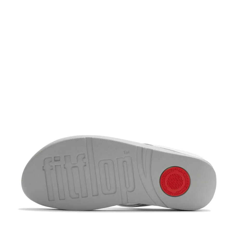 FitFlop A2N-011 Fino Pearls Ladies Silver T-bar Sandals with pearl embellishments and cushioned white sole.