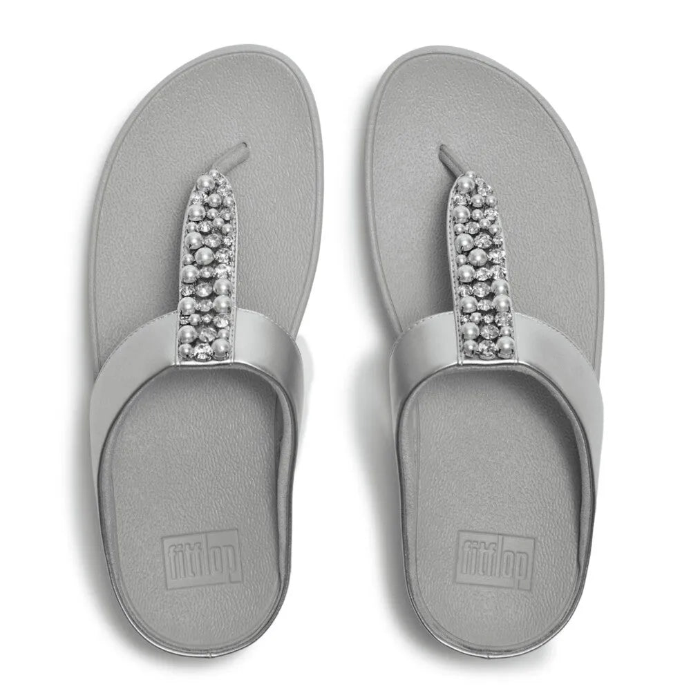FitFlop A2N-011 Fino Pearls women’s silver T-strap sandals with pearl embellishments and cushioned footbed.