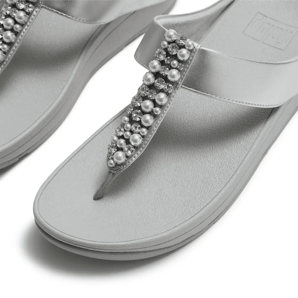 FitFlop A2N-011 Fino Pearls Women's Silver T-Bar Sandals with jeweled embellishments.