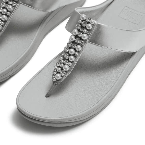 FitFlop A2N-011 Fino Pearls Women's Silver T-Bar Sandals with jeweled embellishments.