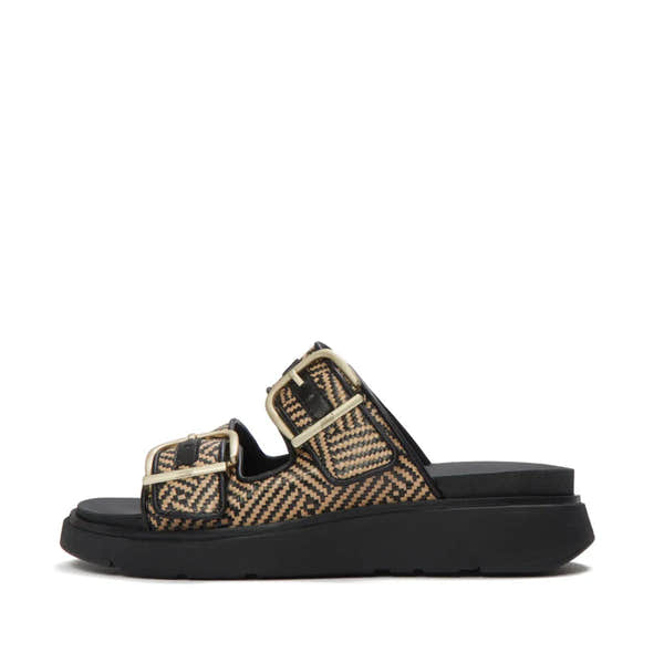 FitFlop A2Q-001 Gen-FF Buckle Ladies Black Leather & Textile Slide Sandals with Buckle Detail