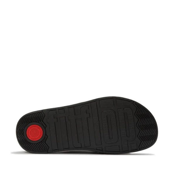 FitFlop A2Q-001 Gen-FF Buckle graphic women's black leather and textile slip-on shoes with buckle detail and robust rubber sole.