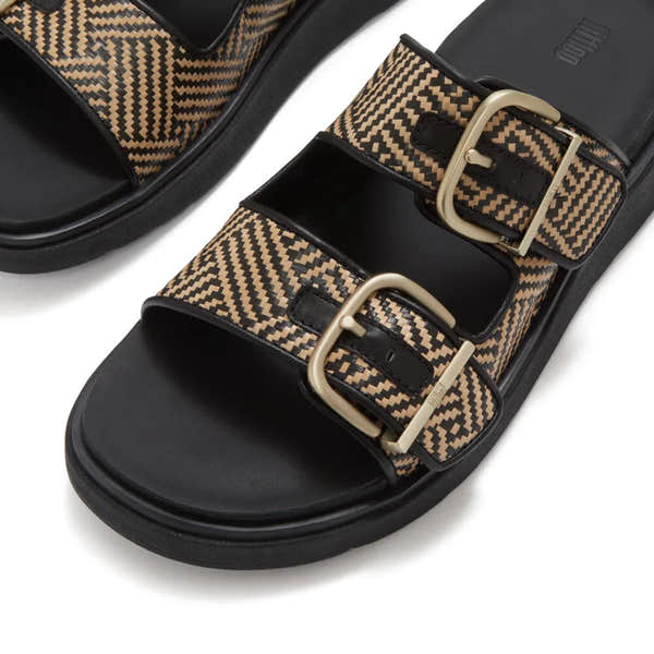 FitFlop A2Q-001 Gen-FF Buckle Graphic ladies black leather and textile slip-on sandals with beige buckles.